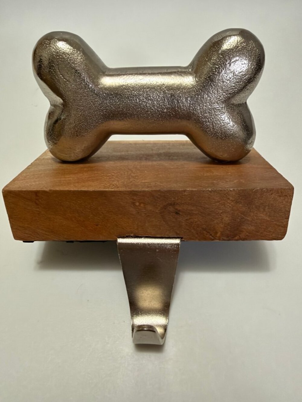 Heavy Dog Bone Stocking Holder — Metal Bone on Wood Base, Mantel Hook